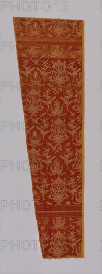 Fragment (Dressing Fabric), Ming dynasty (1368–1644), 16th century, China, Silk and gold-leaf-over-lacquered-paper-strip-wrapped silk, chevron twill weave with supplementary patterning wefts and supplementary pile warps forming cut and uncut voided velvet, embroidered with silk and gold-leaf-over-lacquered-paper-strip-wrapped silk in laidwork and couching, 173.7 × 52.1 cm (68 3/8 × 20 1/2 in.)