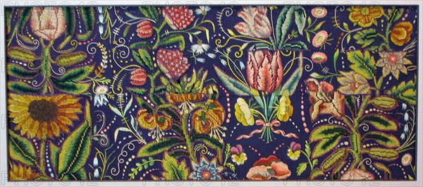 Panel, 1630/40, France, Wool, twill weave, fulled, appliquéd with hemp, plain weave, embroidered with wool and silk in cross stitches, embroidered with silk in satin, split, and stem stitches, laid work, couching, and French knots, 36.4 × 85.8 cm (14 5/16 × 33 3/4 in.)