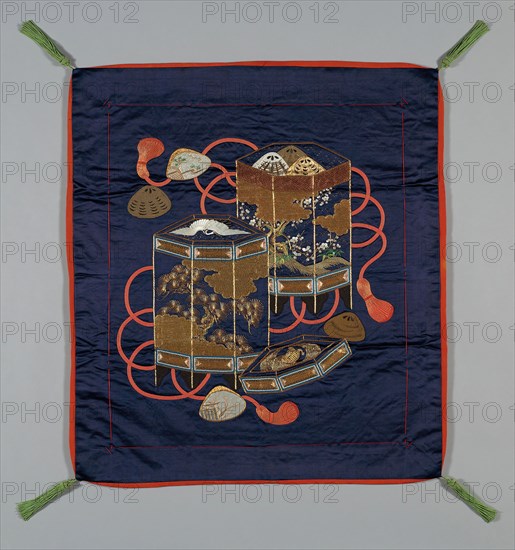 Fukusa (Gift Cover), late Edo period (1789–1868)/ Meiji period (1868–1912), 19th century, Japan, Patterned side: silk, warp-float faced 4:1 satin weave (shusu), embroidered with silk and gold-leaf-over-lacquered-paper strip wrapped silk and wrapped cotton in back, Chinese knot, single satin and satin stitches, laidwork, paper padded laidwork and couching, Lining: silk, plain weave with creped wefts (chirimen), sewn with lining extending beyond front equally along edges of all sides (Shihôhi), silk, running controlling stitches along all edges, corners: silk, four-strand square braid, knotted atop open buttonhole filling stitch covered form terminating in replied fringe, 76.2 x 68.95 cm (30 x 27 1/8 in.)