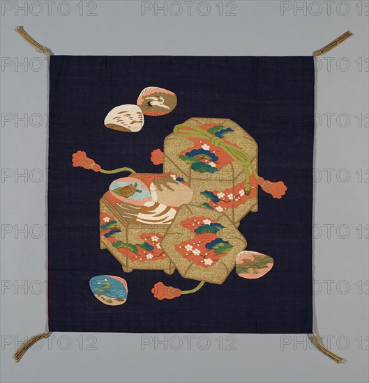 Fukusa (Gift Cover), late Edo period (1789–1868)/ Meiji period (1868–1912), 19th century, Japan, Pattern side: silk and gold-leaf-over-lacquered-paper-strip wrapped cotton, slit and single dovetailed tapestry weaves (tsuzure), lining: silk, plain weave, sewn with front and lining matched to size (Tachikiri awase), corners: gold-leaf-over-lacquered-paper-strip wrapped cotton, knotted, re-plied fringe tassels, 66.1 x 63.5 cm (26 x 25 in.)