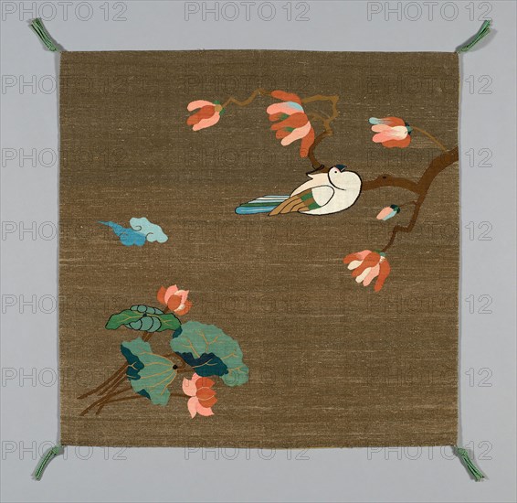 Fukusa (Gift Cover), late Edo period (1789–1868)/ Meiji period (1868–1912), 19th century, Japan, Pattern side: silk and lacquered-paper-strip-wrapped cotton, slit tapestry weave (tsuzure), lining: Plain weave, painted details (sugaki, sumi), sewn with front and lining matched in size (Tachikiri awase), corners: silk, knotted and re-plied fringe tassels, 61.3 x 61.95 cm (24 1/8 x 24 3/8 in.)