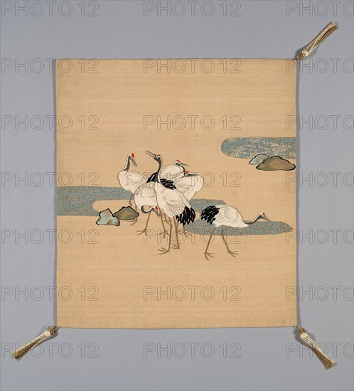 Fukusa (Gift Cover), late Edo period (1789–1868)/ Meiji period (1868–1912), 19th century, Japan, Mon side: silk, warp-faced, weft ribbed plain weave (shioze), dye extracted through stenciled chemical dye stripper (bassen), patterned side: cotton, silk and gold-leaf-over-lacquered-paper strip wrapped silk, slit tapestry weave with wrapped outlining wefts (tsuzure), paper interlining, Sewn with front and lining matched in size (Tachikiri awase), corners: silk, gold-leaf-over-lacquered-paper strip wrapped silk, tubular 1:1 oblique interlacing over cotton core, knotted, silk-wrapped cotton ball and re-plied silk, gold-leaf-over-lacquered-paper strip wrapped silk fringe tassels, 68 x 60.7 cm (26 3/4 x 23 7/8 in.)