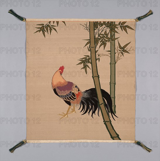 Fukusa (Gift Cover), late Edo period (1789–1868)/ Meiji period (1868–1912), 19th century, Japan, Pattern side: silk, gold-leaf-over-lacquered-paper-strip wrapped silk, slit tapestry weave (tsuzure), corners: silk and gold-leaf-over-lacquer-paper-strip wrapped cotton, tubular 1:1 oblique interlacing over cotton core, knotted, silk-wrapped cotton ball and re-plied silk, gold-leaf-over-lacquered-paper strip wrapped cotton fringe tassels, 75.6 x 66.7 cm (29 3/4 x 26 1/4 in.)