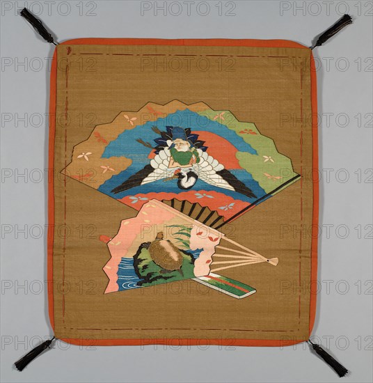 Fukusa (Gift Cover), late Edo period (1789–1868)/ Meiji period (1868–1912), 19th century, Japan, Pattern side: silk, gold-leaf-over-lacquered-paper-strip-wrapped cotton, slit and single interlocking tapestry weave with outlining wefts (tsuzure), lining: silk, plain weave with creped wefts (chirimen, hitokoshi), sewn with padded lining extending beyond front at center on all four sides (yatsuzuma), controlling stitches: silk, running controlling stitches along all edges, corners: silk, four-strand square braid, knotted atop open buttonhole filling stitch covered gold-leaf-over-lacquered-paper cap over cotton ball, silk and gold-leaf-over-lacquered-paper-strip-wrapped cotton re-plied fringe tassels, 76.9 x 68 cm (30 1/4 x 26 3/4 in.)