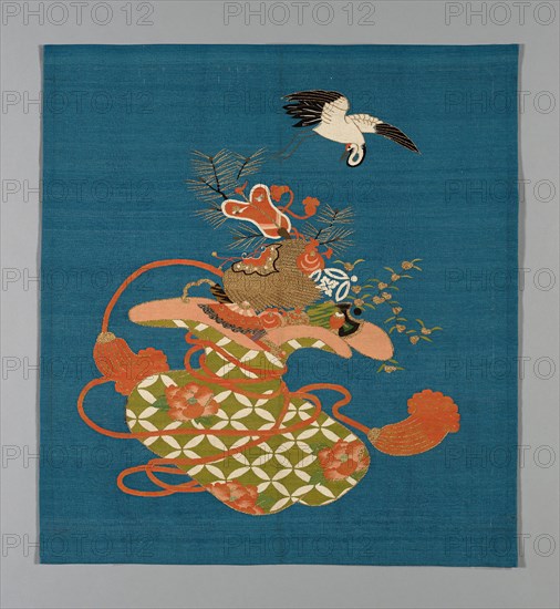 Fukusa (Gift Cover), late Edo period (1789–1868)/ Meiji period (1868–1912), 19th century, Japan, Patterned side: Silk and gold-leaf-over-lacquered-paper strip wrapped cotton, slit tapestry weave with wrapping outing wefts (tsuzure), 64.5 x 59.2 cm (25 3/8 x 23 5/16 in.)