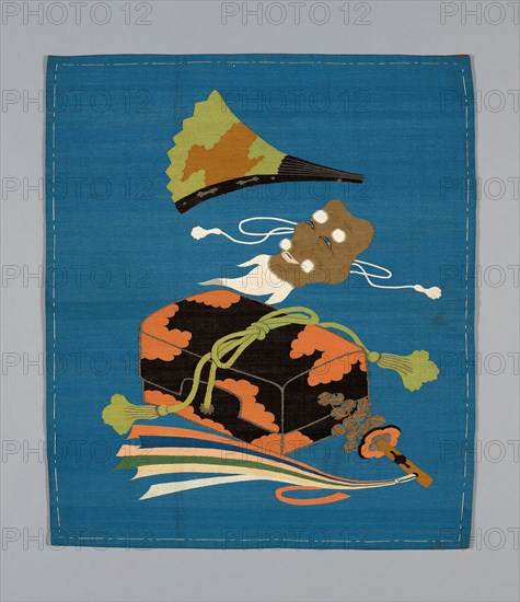 Fukusa (Gift Cover), late Edo period (1789–1868)/ Meiji period (1868–1912), 19th century, Japan, Pattern side: silk, gold-leaf-over-lacquered-paper-strip wrapped cotton, slit and single dovetail tapestry weave (tsuzure), lining: silk, plain weave with crepe-like wefts (kabe-ito wefts), sewn with front and lining matched in size (Tachikiri awase), silk, running controlling stitches along all edges, 72.1 x 62.9 cm (28 3/8 x 24 3/4 in.)