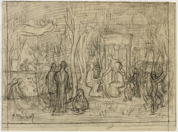 Compositional study for The Sacred Grove, Beloved of the Arts and the Muses, 1883/84, Pierre Puvis de Chavannes, French, 1824-1898, France, Black chalk on tan wove tracing paper, laid down on ivory wove paper, 193 × 262 mm (primary support), 212 × 278 mm (secondary support)