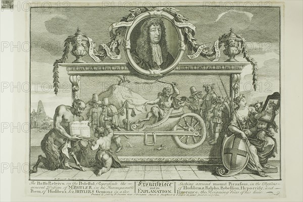 Frontispiece, plate one from Hudibras, February 1725/26, William Hogarth, English, 1697-1764, England, Etching and engraving in black on cream paper edge mounted on cream wove paper, 240 × 347 mm (image), 264 × 353 mm (plate), 269 × 356 mm (primary support), 363 × 458 mm (secondary support)