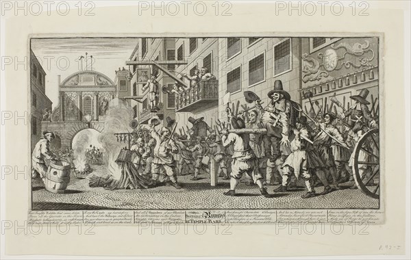 Burning the Rumps at Temple Bar, plate eleven from Hudibras, February 1725/26, William Hogarth, English, 1697-1764, England, Engraving in black on cream laid paper edge mounted on cream wove paper, 245 × 495 mm (image), 272 × 505 mm (plate), 274 × 509 mm (primary support), 360 × 568 mm (secondary support)