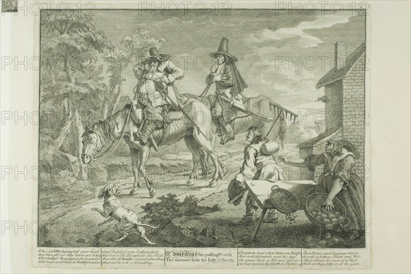 Hudibras Sallying Forth, plate two from Hudibras, February 1725/26, William Hogarth, English, 1697-1764, England, Etching and engraving in black on cream paper edge mounted on cream wove paper, 246 × 336 mm (image), 270 × 345 mm (plate), 273 × 348 mm (primary support), 365 × 459 mm (secondary support)