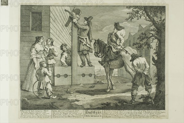 Hudibras Triumphant, plate four from Hudibras, February 1725/26, William Hogarth, English, 1697-1764, England, Etching and engraving in black on cream paper edge mounted on cream wove paper, 243 × 337 mm (image), 266 × 347 mm (plate), 269 × 349 mm (primary support), 369 × 459 mm (secondary support)