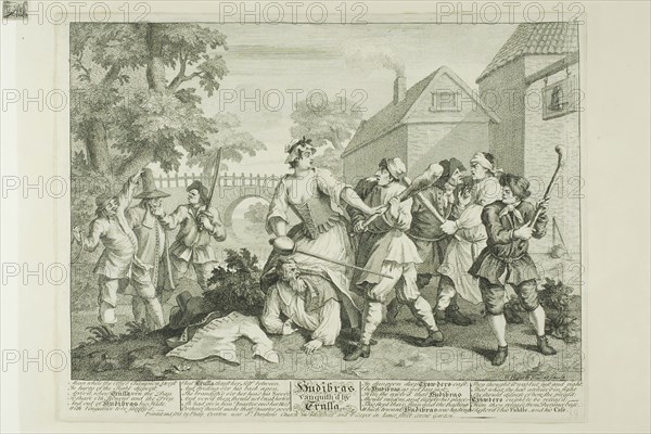 Hudibras Vanquished by Trulla, plate five from Hudibras, February 1725/26, William Hogarth, English, 1697-1764, England, Etching and engraving in black on cream paper edge mounted on cream wove paper, 235 × 335 mm (image), 266 × 346 mm (plate), 270 × 349 mm (primary support), 369 × 472 mm (secondary support)