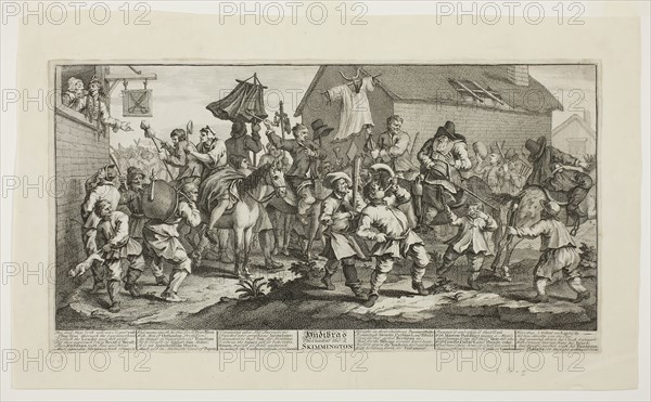 Hudibras and the Skimmington, plate seven from Hudibras, February 1725/26, William Hogarth, English, 1697-1764, England, Engraving in black on cream paper edge mounted on cream wove paper, 246 × 500 mm (image), 270 × 511 mm (plate), 271 × 512 mm (primary support), 352 × 578 mm (secondary support)