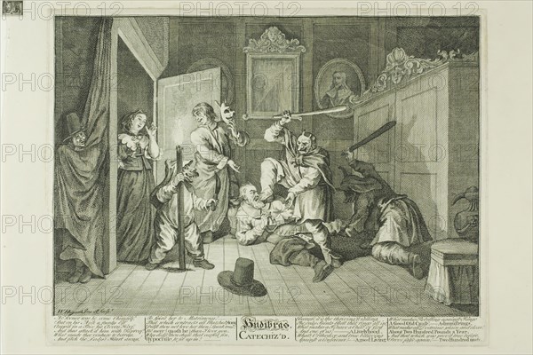 Hudibras Catechized, plate nine from Hudibras, February 1725/26, William Hogarth, English, 1697-1764, England, Etching and engraving in black on cream paper edge, mounted on cream wove paper, 241 × 342 mm (image), 269 × 351 mm (plate), 272 × 356 mm (primary support), 363 × 480 mm (secondary support)