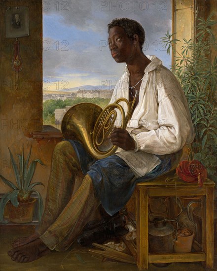 Portrait of a Gardener and Horn Player in the Household of the Emperor Francis I, 1836, Albert Schindler, Austrian, 1805-1861, Austria, Oil on panel, 39 × 31.7 cm (15 3/8 × 12 1/2 in.)