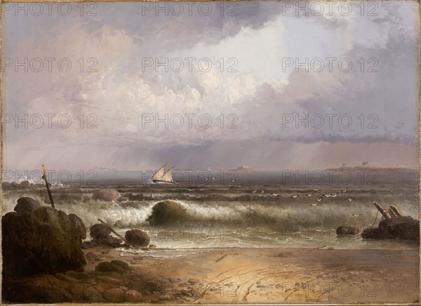 Coming Squall (Nahant Beach with a Summer Shower), 1835, Thomas Doughty, American, 1793–1856, United States, Oil on canvas mounted on cradled panel, 52.1 × 71.4 cm (20 1/2 × 28 1/8 in.)