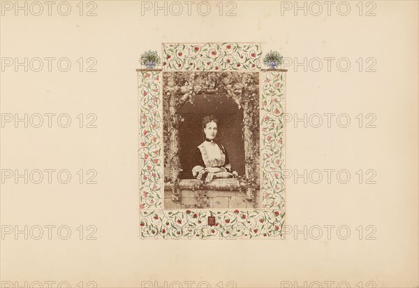 The Madame B Album, 1870s, Marie-Blanche-Hennelle Fournier, French, 1831–1906, France, Albume print with watercolors (in album), 29.2 × 41.9 cm, Pillow, c. 1650/60, England, Linen, plain weave, knotted pile known as "Turkey work