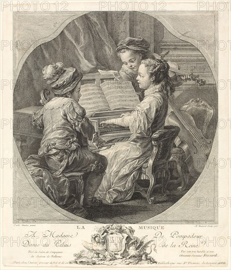 Allegory of Music, 1756, Etienne Fessard (French, 1714-1777), after Carle Van Loo (French, 1705-1765), France, Etching and engraving on ivory laid paper, 278 × 267 mm (image), 295 × 343 mm (plate/sheet)