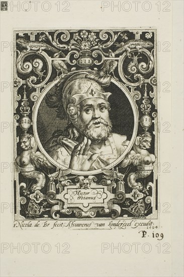 Hector of Troy, plate one from The Nine Worthies, 1594, Nicolaes de Bruyn (Flemish, 1571-1656), published by Assuerus van Londerseel (Flemish, 1572-1635), Flanders, Engraving in black on cream laid paper, 117 × 88 mm (image), 124 × 91 mm (plate), 197 × 153 mm (sheet)