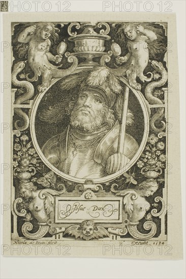 Joshua, plate four from The Nine Worthies, 1594, reworked second state, Nicolaes de Bruyn (Flemish, 1571-1656), published by Assuerus van Londerseel (Flemish, 1572-1635), Flanders, Engraving in black on cream laid paper, tipped to cream laid paper, 118 × 84.5 mm (image), 121 × 84.5 mm (primary support, cut within plate), 133 × 98 mm (secondary support)
