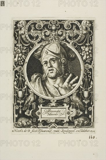 Alexander the Great, plate two from The Nine Worthies, 1594, Nicolaes de Bruyn (Flemish, 1571-1656), published by Assuerus van Londerseel (Flemish, 1572-1635), Flanders, Engraving in black on cream laid paper, 114 × 86 mm (image), 124 × 90 mm (plate), 186 × 149 mm (sheet)