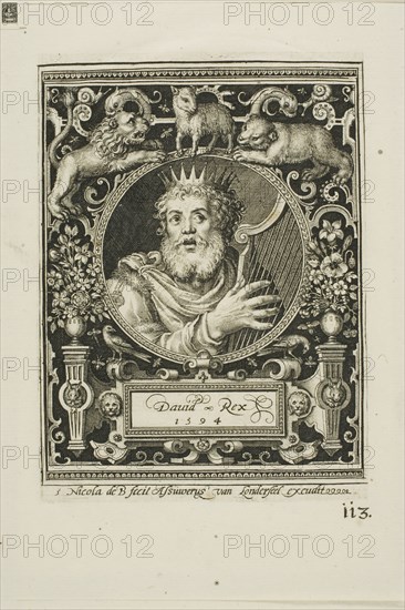 King David, plate five from The Nine Worthies, 1594, Nicolaes de Bruyn (Flemish, 1571-1656), published by Assuerus van Londerseel (Flemish, 1572-1635), Flanders, Engraving in black on cream laid paper, 118 × 91 mm (image), 125 × 92 mm (plate), 180 × 147 mm (sheet)