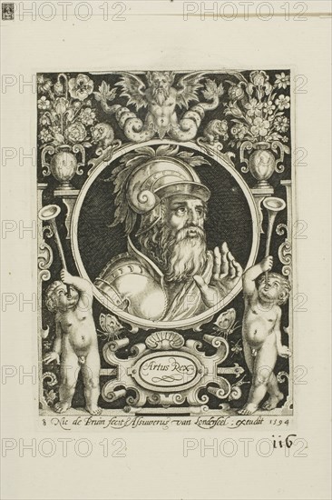 King Arthur, plate eight from The Nine Worthies, 1594, Nicolaes de Bruyn (Flemish, 1571-1656), published by Assuerus van Londerseel (Flemish, 1572-1635), Flanders, Engraving in black on cream laid paper, 117.5 × 86.5 mm (image), 124 × 91 mm (plate), 175 × 143 mm (sheet)