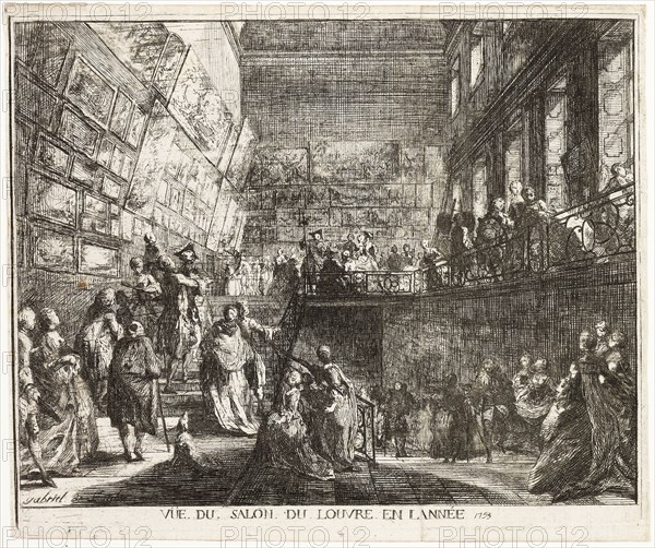 View of the Salon in the Louvre in the Year 1753, 1753, Gabriel Jacques de Saint-Aubin, French, 1724-1780, France, Etching on ivory laid paper, 146 × 178 mm (image), 147 × 178 mm (plate), 152 × 181 mm (sheet)