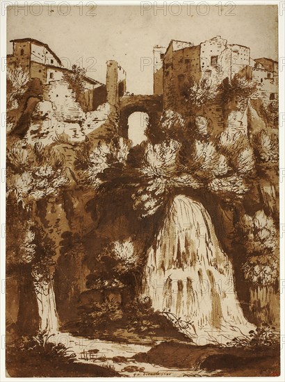 View of Tivoli with the Bridge Over the Anio Waterfall, 1620, Cornelis van Poelenburgh, Dutch, 1594/95-1667, Netherlands, Pen and brown ink and brush and brown wash on cream laid paper, 436 x 322 mm