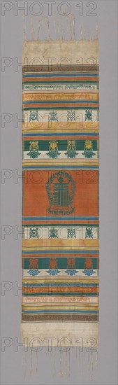 Ceremonial Shawl (Kata), Ming dynasty (1368–1644), 15th/16th century, China, silk, bands of satin weave and bands of satin weave with supplementary patterning wefts bound in satin interlacings, fringe, 247 × 51.7 cm (97 1/4 × 20 3/8 in.)