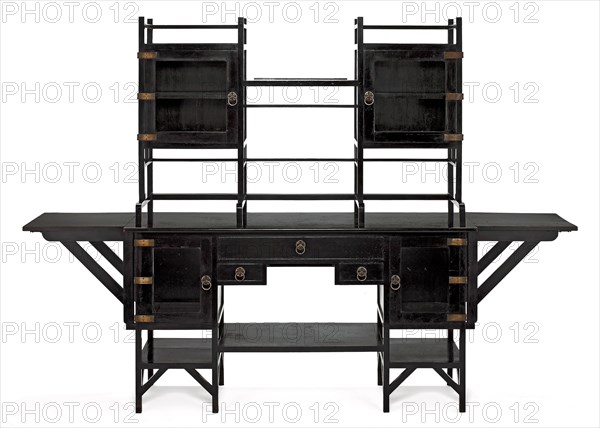 Sideboard, Designed 1867, made c. 1876, Designed by Edward William Godwin, English, 1833-1886, Made by William Watt, English, 1834-1885, London, England, Ebonized mahogany with glass and silvered brass, 181.6 × 255.3 × 50.2 cm (71 1/2 × 100 1/2 × 19 3/4 in.) (with leaves e×tended)