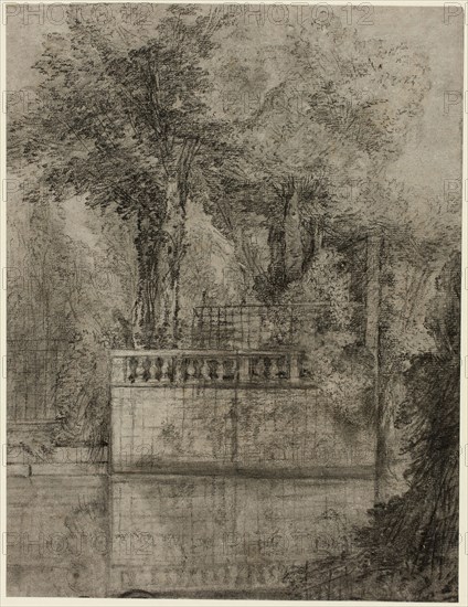 Lattice Work and Reflecting Pool at Arcueil, 1744/47, Jean-Baptiste Oudry, French, 1686-1755, France, Charcoal with stumping, and with traces of erasing, on ivory laid paper, laid down on ivory laid paper, perimeter mounted to a cream wove card, 305 × 234 mm