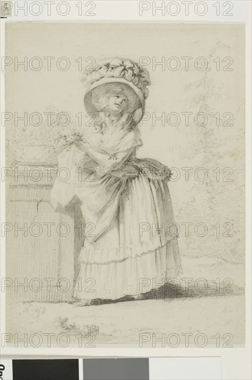 An Elegant Young Woman in a Garden, c. 1785, Alexandre Moitte, French, 1750-1828, France, Black chalk on ivory laid paper, 192 × 145 mm