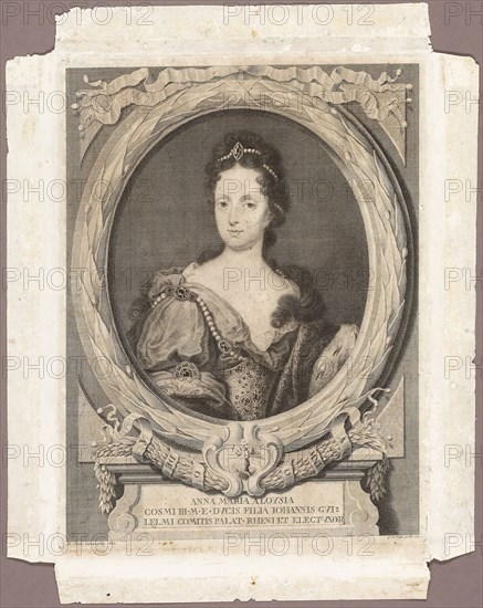 Anna Maria Luisa, 1730, published 1761, Georg Martin Preissler (German, 1700-1754), after Giovanni Domenico Campiglia (Italian, 1692-1768), published by Giuseppe Allegrini, Florence, 1761, Germany, Engraving on ivory laid paper, 359 × 267 mm (plate), 415 × 328 mm (sheet)