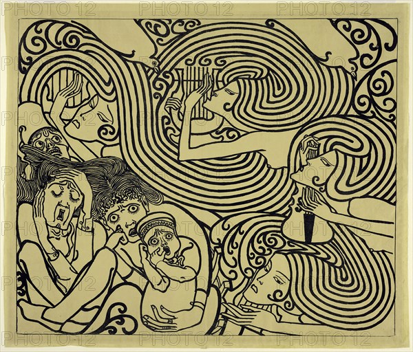 Image Design for a Poster, Wagenaar’s Cantata ‘The Shipwreck’, 1899, Jan Toorop, Dutch, 1858-1928, Holland, Zincograph in blue-black on yellow wove paper, 467 x 558 mm (image), 509 x 597 mm (sheet)