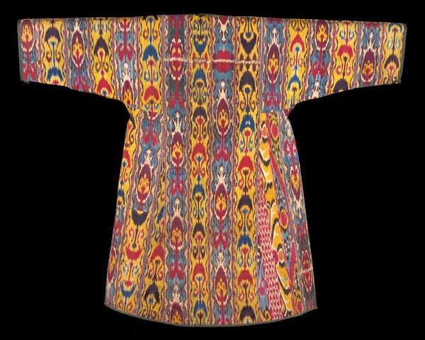 Woman’s Robe, 1840s/60s, Uzbekistan, Bukhara, Uzbekistan, Silk and cotton, plain weave, warp-resist-dyed (ikat), edged with silk twined embroidery, 134 × 167.5 cm (52 13/16 × 54 in.)