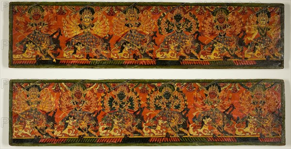 Pair of Manuscript Covers with Twelve Durgas on Snow Lions Slaying the Buffalo Demon (Mahishasuramardini), 18th century, Nepal, Nepal, Pigments and metallic paint on wood, 1.1 x 48.8 x 11.7 cm (3/8 x 19 5/16 x 4 5/8 in.)