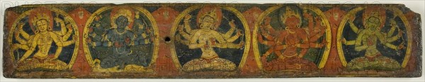 Manuscript Cover of the Five Protective Goddeses (Pancharaksha), 12th century, Nepal, Nepal, Pigments and metallic paint on wood, 1.2 x 31.8 x 5.8 cm (1/2 x 12 1/2 x 2 15/16 in.)