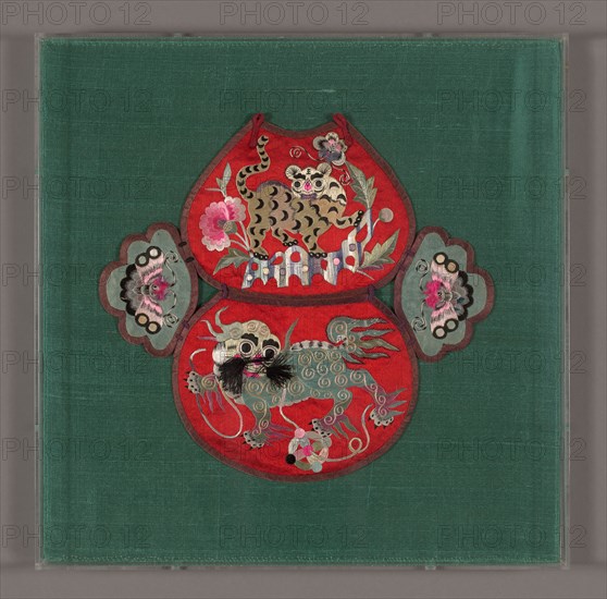 Child’s Collar, Qing dynasty (1644– 1911), late 19th century, China, Silk, satin weaves, embroidered with silk in satin, split, and stem stitches, laidwork and couching, edged with silk, satin weave, loops of silk, plain weave, 26.8 × 28.6 cm (10 1/2 × 11 1/4 in.)