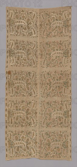 Two Borders Joined, 19th century, Turkey, Turkey, Linen, plain weave, pulled thread work embroidered with linen, silk, and gilt-metal-strip-wrapped silk in hem and overcast stitches, cut and drawn work embroidered in darning and hem stitches, selvages present at top and bottom, 146.6 x 62.5 cm (57 3/4 x 24 5/8 in.)