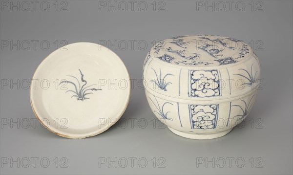 Covered Box with Plant and Cloud Motif, Late 15th/early 16th century, Vietnam, near Hoi An, Offshore, Vietnam, Glazed stoneware with cobalt-blue underglaze, 10.9 × 14.7 × 14.7 cm (4 1/4 × 5 3/4 × 5 3/4 in.)