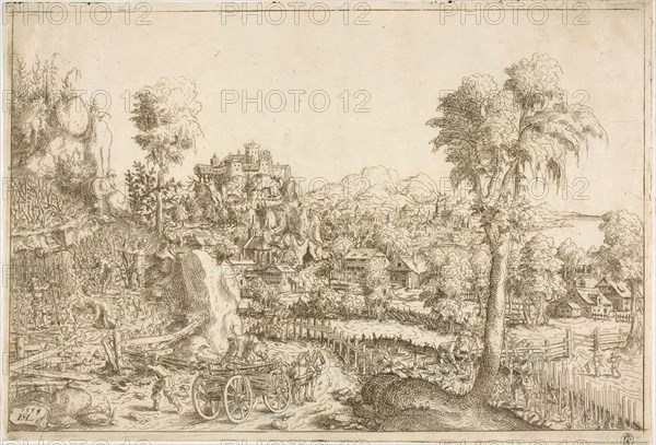 Landscape with a Vine-Yard, in the Middle a Chariot Loaded with Poles, c. 1559, Hanns Lautensack, German, 1524-1560/66, Germany, Etching on cream laid paper, 205 × 300 mm