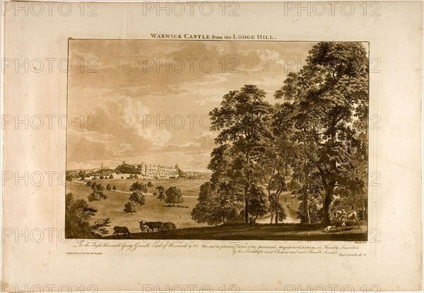 Warwick Castle from the Lodge Hill, plate 1, January 1776, Paul Sandby, English, 1731-1809, England, Etching and aquatint, printed in bistre ink on heavy cream laid paper, 301 × 450 mm (image), 340 × 480 mm (plate), 440 × 635 mm (sheet)