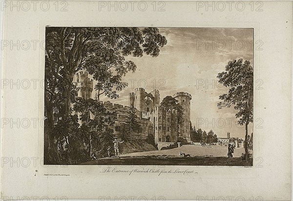 The Entrance of Warwick Castel from the Lower Court, plate 2, January 1776, Paul Sandby, English, 1731-1809, England, Etching and aquatint, printed in bistre ink on heavy cream laid paper, 320 × 457 mm (image), 340 × 480 mm (plate), 440 × 635 mm (sheet)