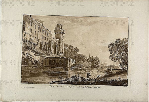 Caesar’s Tower and Part of Warwick Castle from the Island, plate three from Views of Warwick Castle, January 1776, Paul Sandby, English, 1731-1809, England, Etching and aquatint in bistre on heavy cream laid paper, 298 × 458 mm (image), 325 × 483 mm (plate), 440 × 635 mm (sheet)