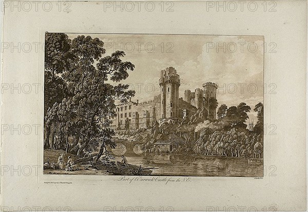 Part of Warwick Castel from the Southeast, plate 4, January 1776, Paul Sandby, English, 1731-1809, England, Etching and aquatint, printed in bistre ink on heavy cream laid paper, 295 × 455 mm (image), 325 × 480 mm (plate), 440 × 635 mm (sheet)