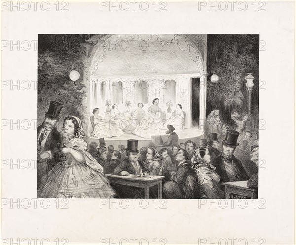 Sketch of a Café-Concert on the Rue Madame, 1857, Antoine-Gustave Droz, French, 1832-1895, French, Lithograph on white wove paper, 306 × 410 mm (image), 312 × 426 mm (fake plate mark), 442 × 541 mm (sheet)