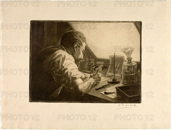 Self-Portrait Preparing an Etching, c. 1890, Henri Charles Guérard, French, 1846-1897, France, Line etching with roulette and mezzotint on cream laid paper, 182 × 247 mm (image), 284 × 370 mm (sheet)