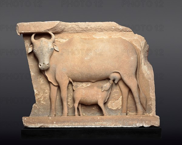 Cow Suckling a Calf, About 9th century, India, Madhya or Uttar Pradesh, India, Sandstone, 55.3 × 73.7 × 9.6 cm (22 3/4 × 29 × 3 3/4 in.)