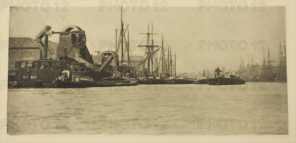 Toil and Grime, 1887, Peter Henry Emerson, English, born Cuba, 1856–1936, England, Photoetching, pl. XI from the album "Wild Life on a Tidal Water: The Adventures of a House-Boat and Her Crew" (1890), edition 270/50, 9.4 × 20.1 cm (image), 24.8 × 30 cm (paper)